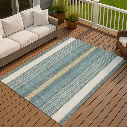 8' X 10' Teal Blue And Gold Striped Washable Indoor Outdoor Area Rug HomeRoots