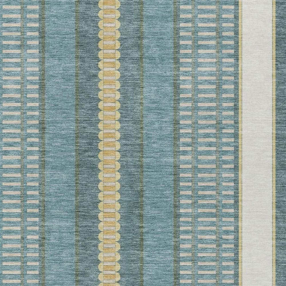 10' X 14' Teal Blue And Gold Striped Washable Indoor Outdoor Area Rug