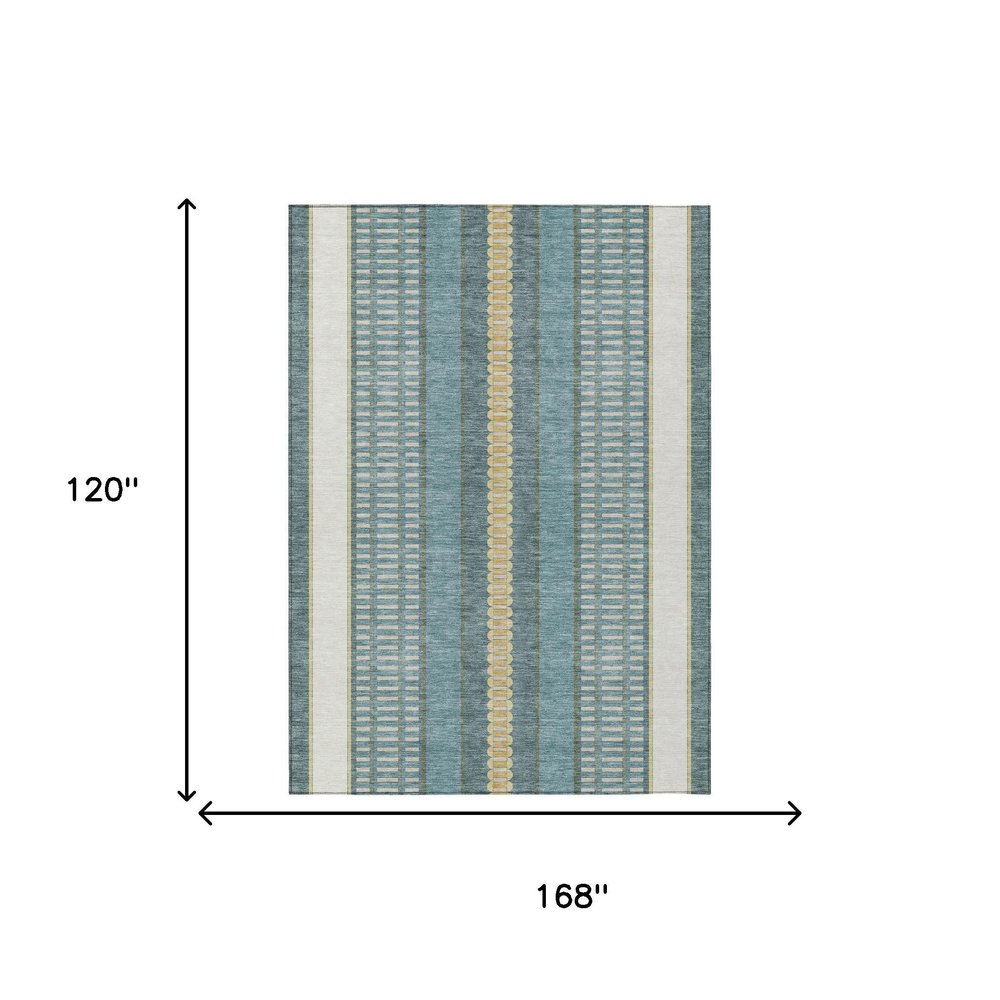 10' X 14' Teal Blue And Gold Striped Washable Indoor Outdoor Area Rug — view 6
