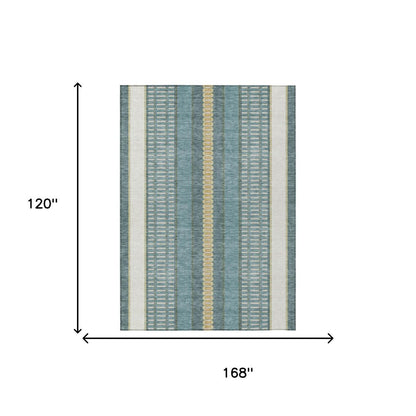 10' X 14' Teal Blue And Gold Striped Washable Indoor Outdoor Area Rug