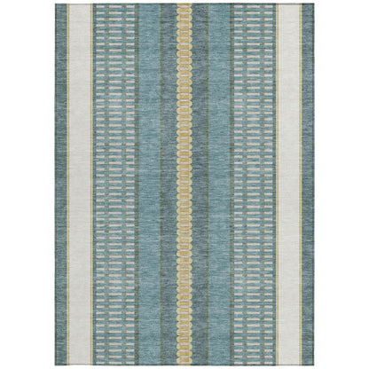 10' X 14' Teal Blue And Gold Striped Washable Indoor Outdoor Area Rug