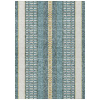 10' X 14' Teal Blue And Gold Striped Washable Indoor Outdoor Area Rug HomeRoots