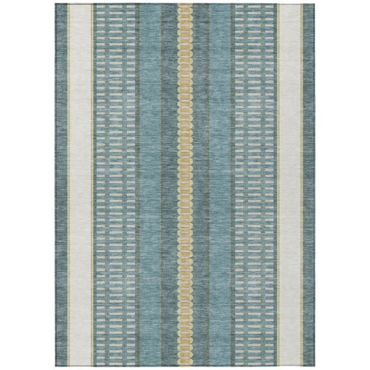 10' X 14' Teal Blue And Gold Striped Washable Indoor Outdoor Area Rug