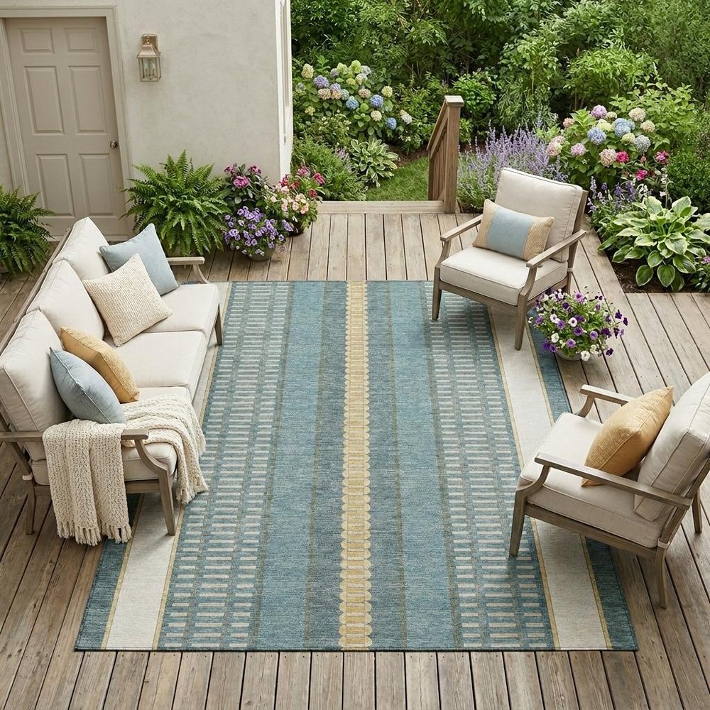 10' X 14' Teal Blue And Gold Striped Washable Indoor Outdoor Area Rug — view 7