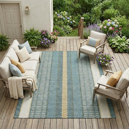 10' X 14' Teal Blue And Gold Striped Washable Indoor Outdoor Area Rug HomeRoots
