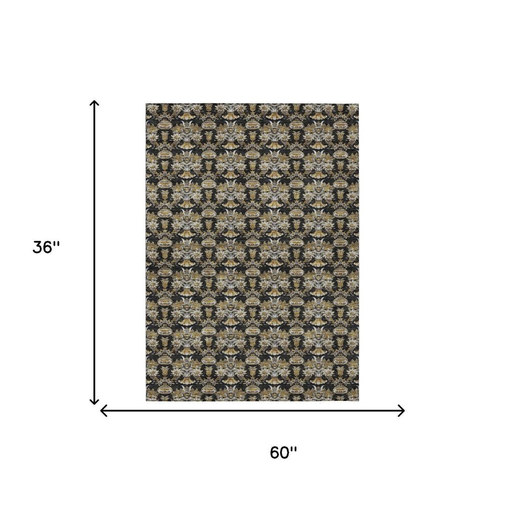 3' X 5' Black And Wheat Floral Washable Indoor Outdoor Area Rug HomeRoots