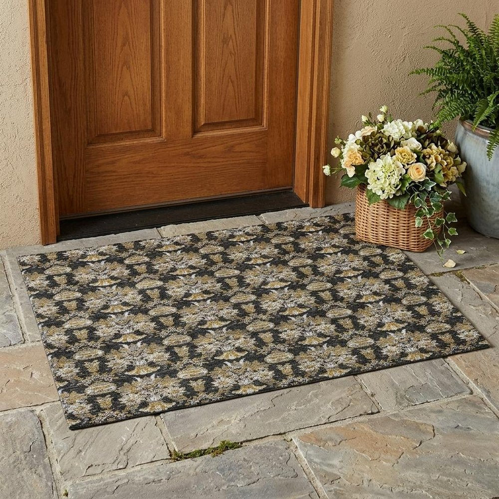 3' X 5' Black And Wheat Floral Washable Indoor Outdoor Area Rug — view 7