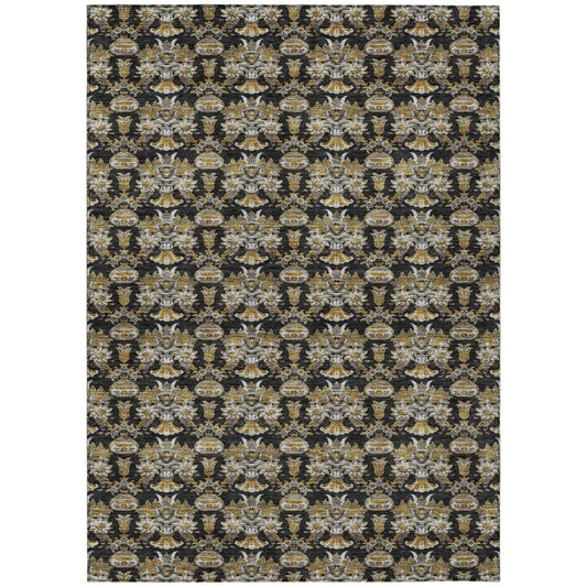 5' X 8' Black And Wheat Floral Washable Indoor Outdoor Area Rug