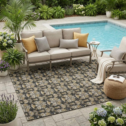 5' X 8' Black And Wheat Floral Washable Indoor Outdoor Area Rug HomeRoots