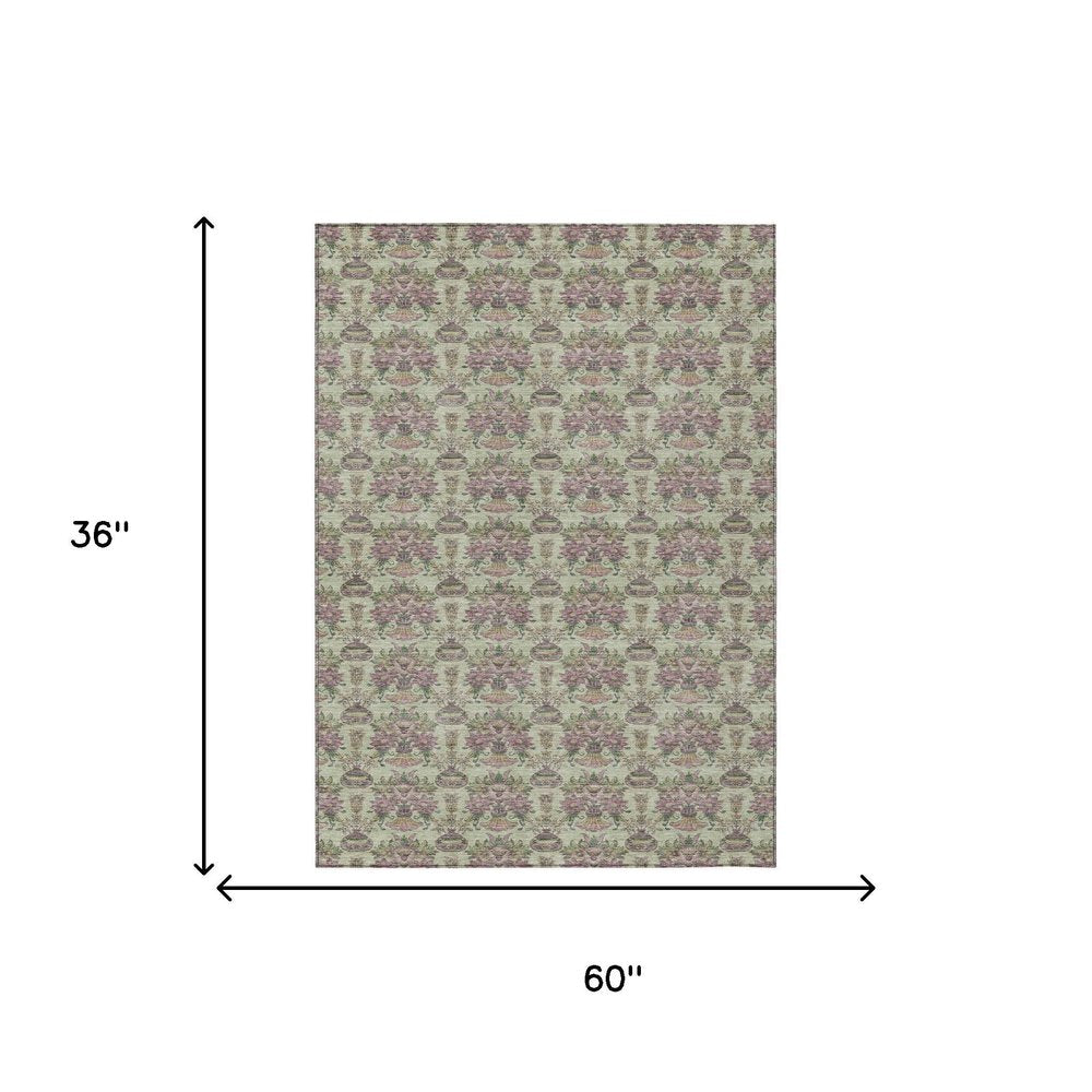 3' X 5' Green And Beige Floral Washable Indoor Outdoor Area Rug HomeRoots