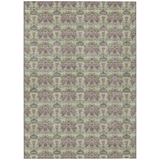 3' X 5' Green And Beige Floral Washable Indoor Outdoor Area Rug