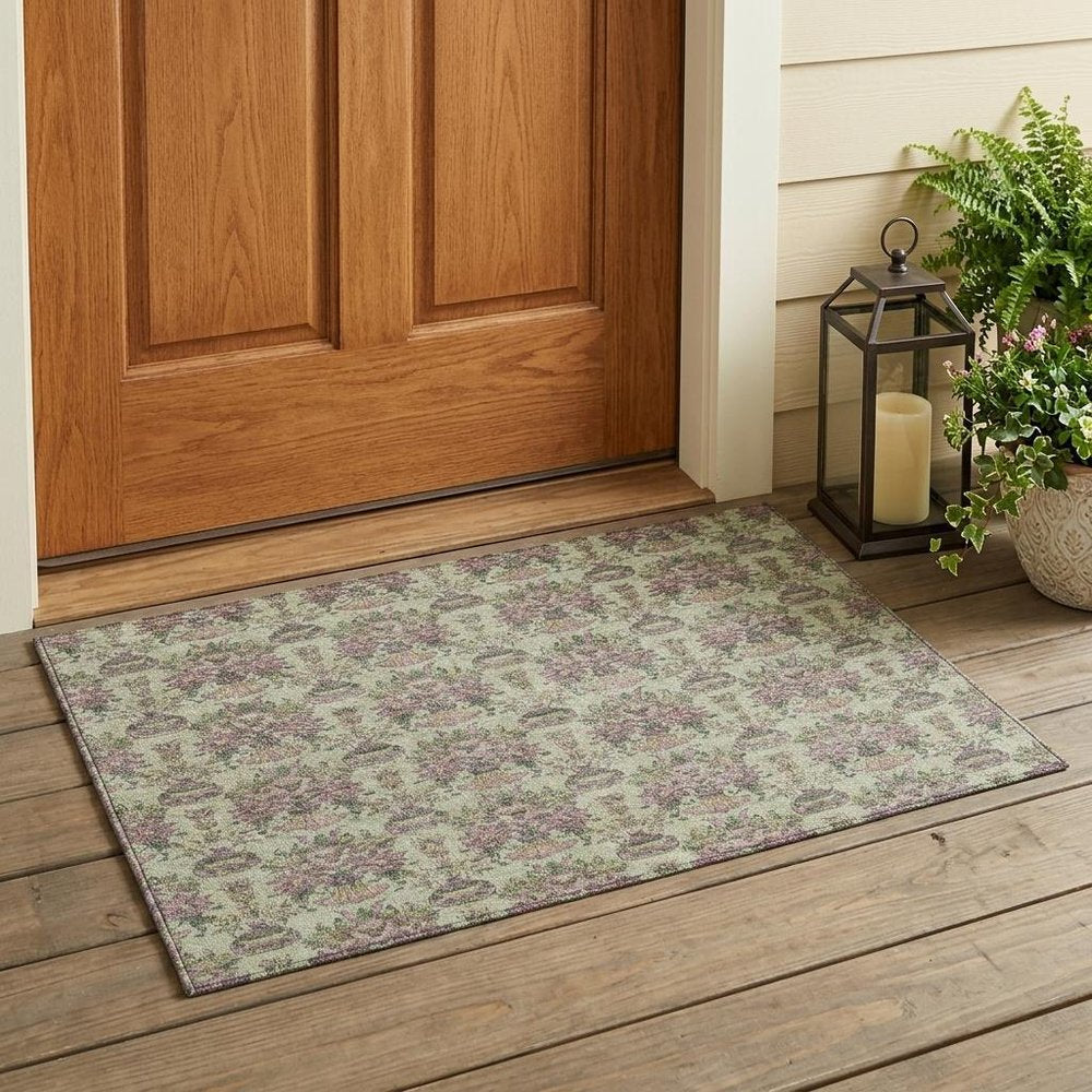 3' X 5' Green And Beige Floral Washable Indoor Outdoor Area Rug — view 7