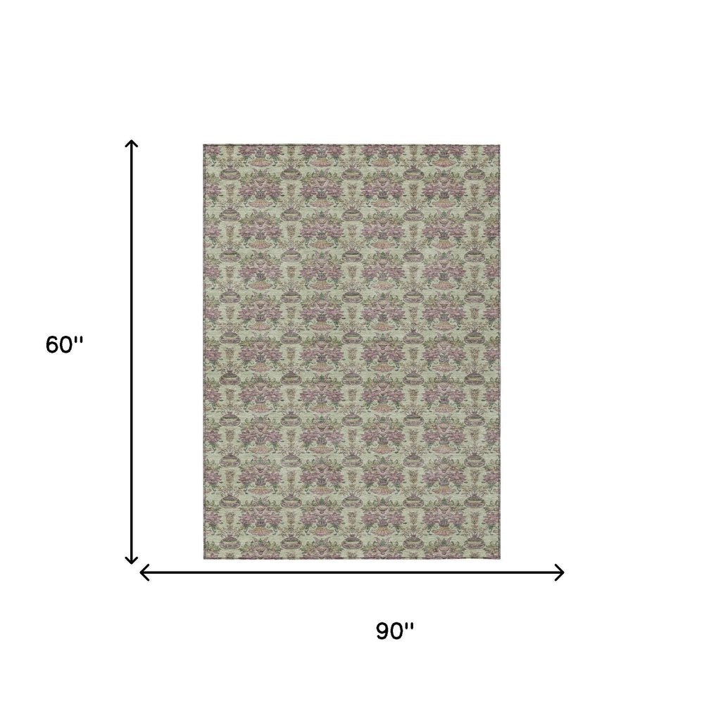 5' X 8' Green And Beige Floral Washable Indoor Outdoor Area Rug — view 6