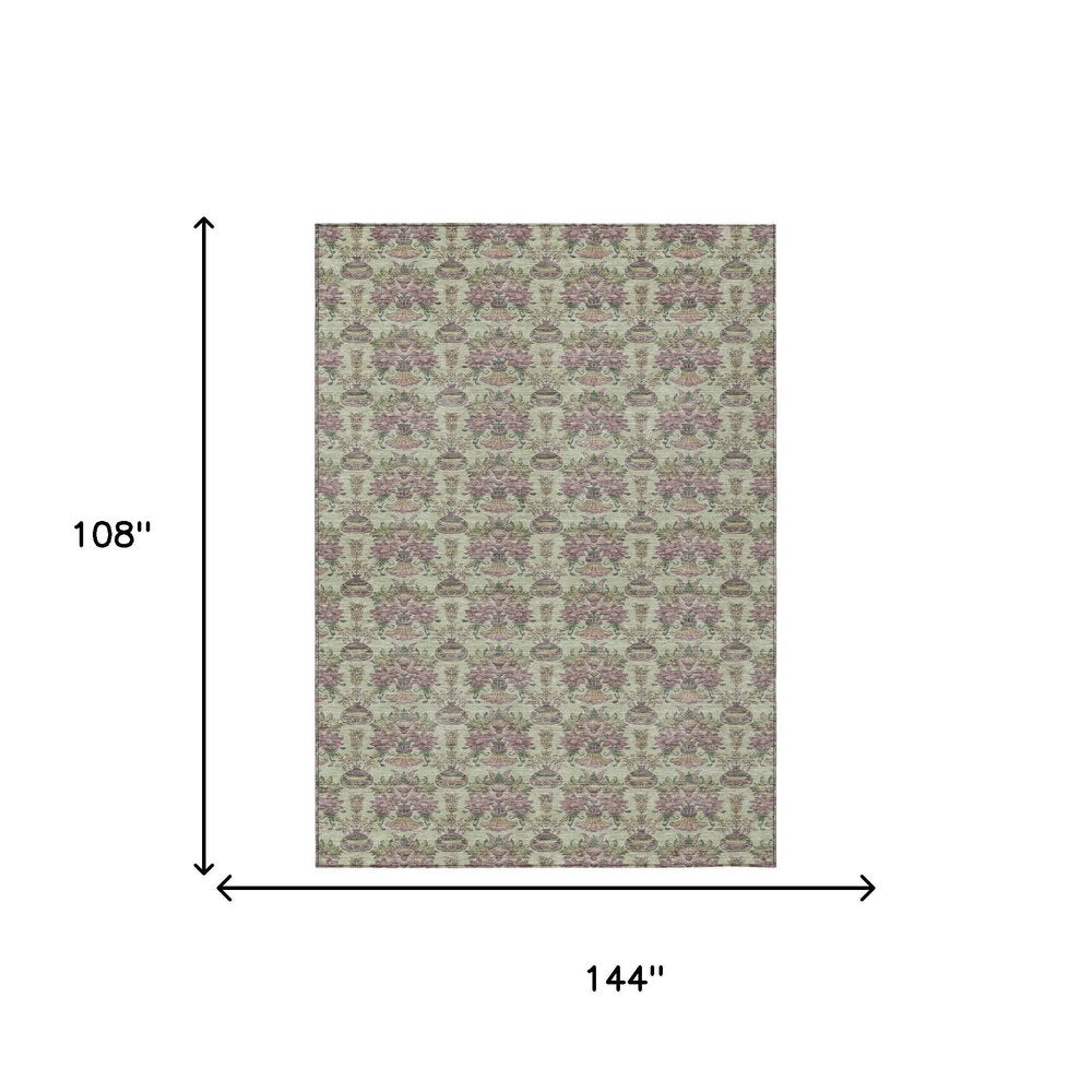 9' X 12' Green And Beige Floral Washable Indoor Outdoor Area Rug — view 6