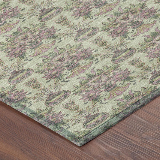 9' X 12' Green And Beige Floral Washable Indoor Outdoor Area Rug