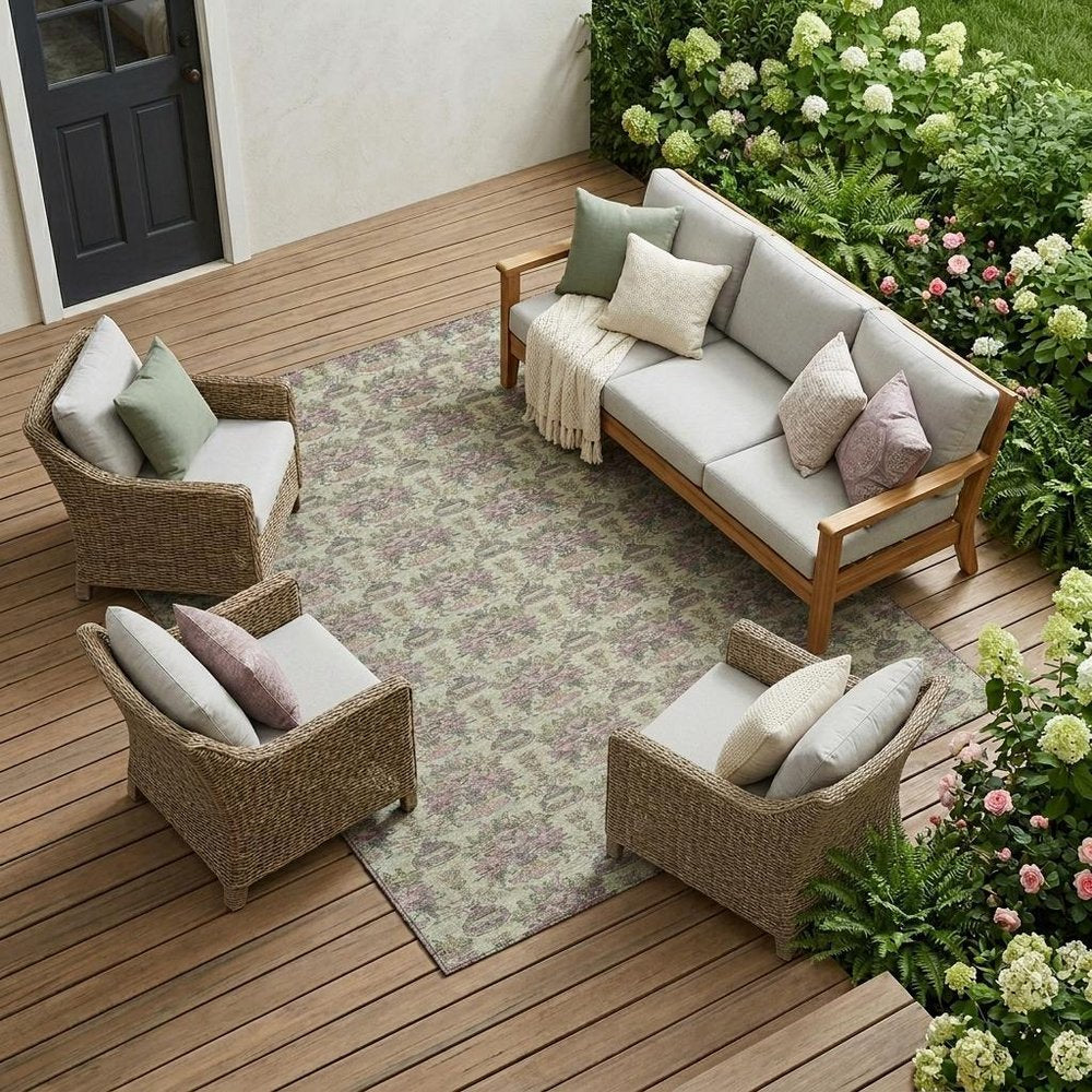 9' X 12' Green And Beige Floral Washable Indoor Outdoor Area Rug — view 7