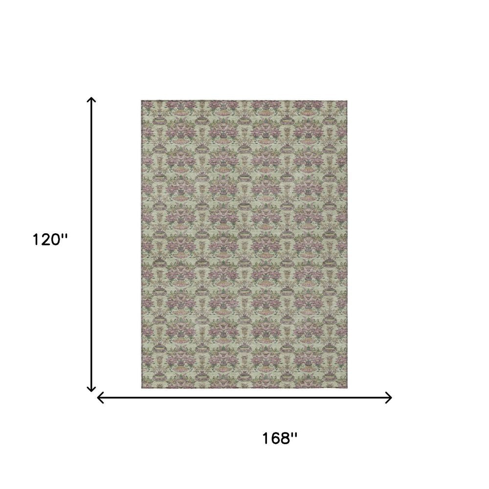 10' X 14' Green And Beige Floral Washable Indoor Outdoor Area Rug HomeRoots