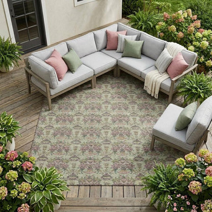 10' X 14' Green And Beige Floral Washable Indoor Outdoor Area Rug HomeRoots