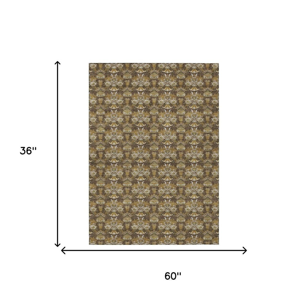 3' X 5' Chocolate And Copper Floral Washable Indoor Outdoor Area Rug — view 6