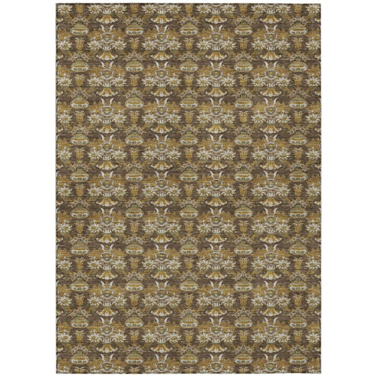 8' X 10' Chocolate And Copper Floral Washable Indoor Outdoor Area Rug