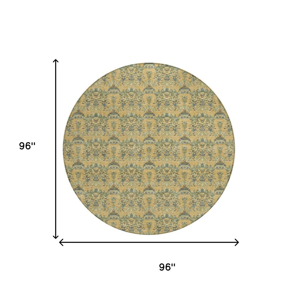 8' Gold And Silver Round Floral Washable Indoor Outdoor Area Rug — view 6