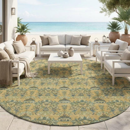 8' Gold And Silver Round Floral Washable Indoor Outdoor Area Rug HomeRoots