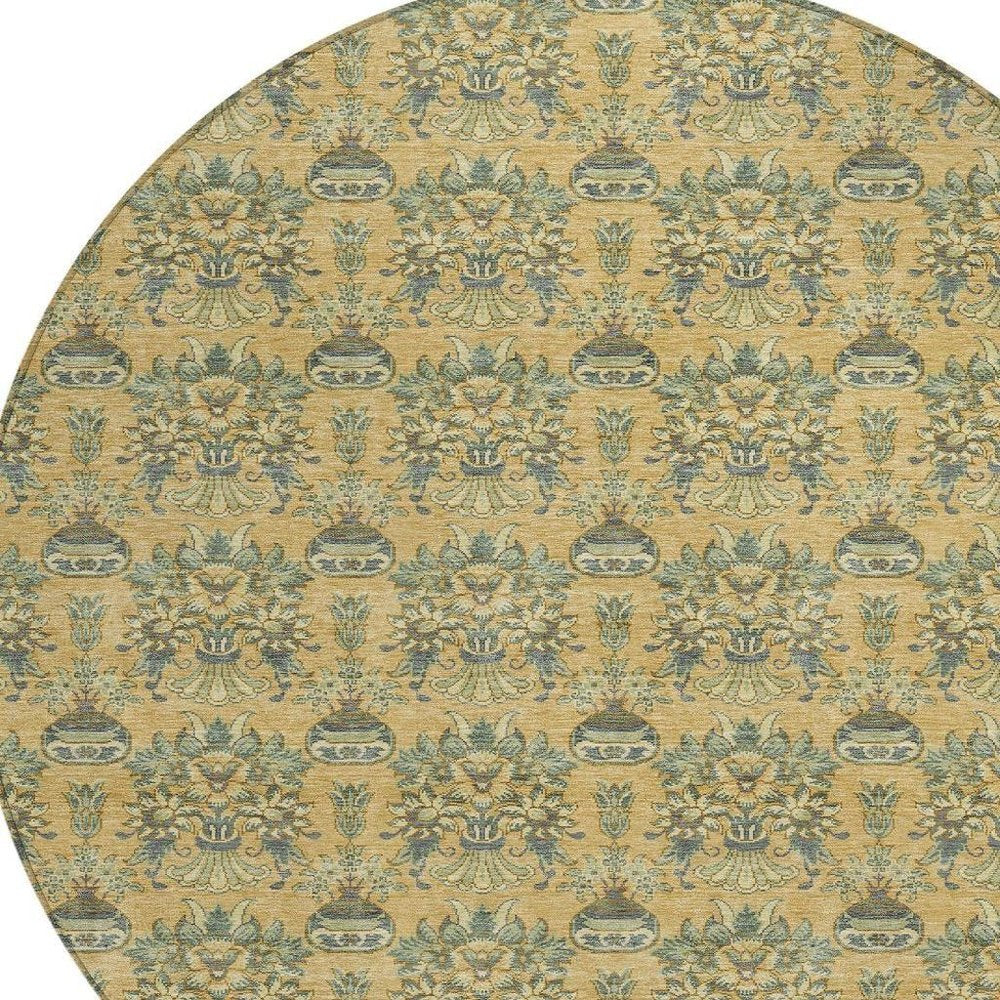 8' Gold And Silver Round Floral Washable Indoor Outdoor Area Rug — view 8