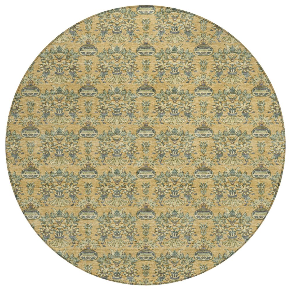 8' Gold And Silver Round Floral Washable Indoor Outdoor Area Rug — view 1