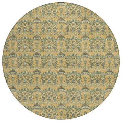 8' Gold And Silver Round Floral Washable Indoor Outdoor Area Rug HomeRoots
