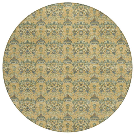 8' Gold And Silver Round Floral Washable Indoor Outdoor Area Rug