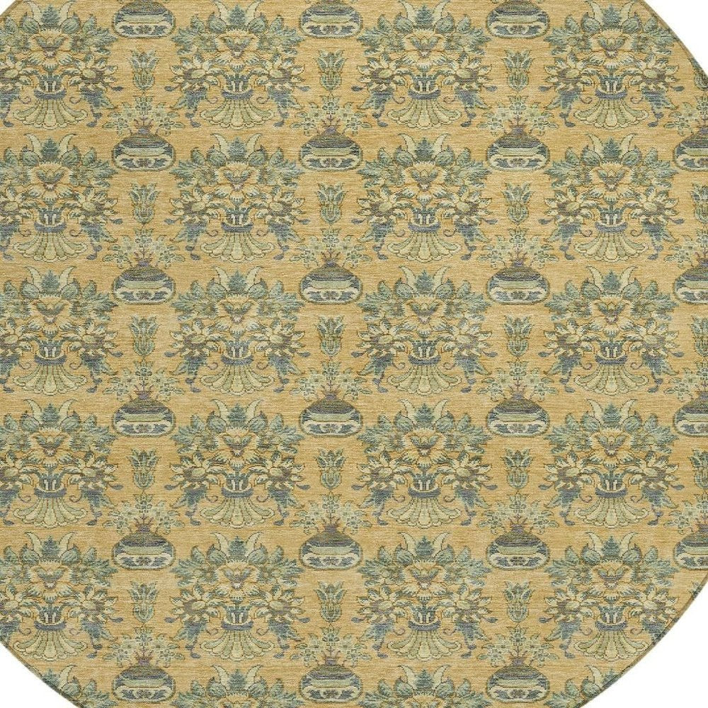 8' Gold And Silver Round Floral Washable Indoor Outdoor Area Rug — view 4