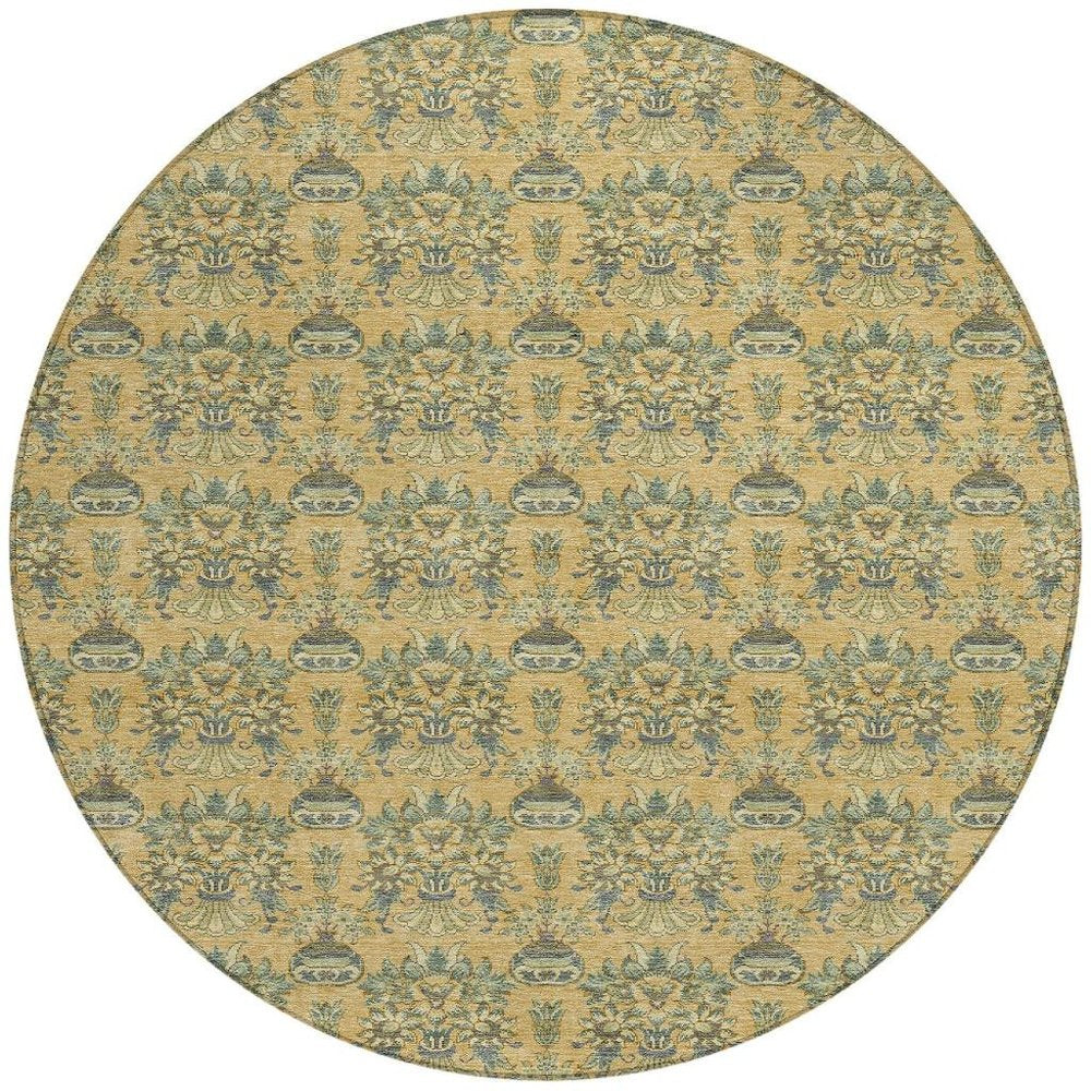 8' Gold And Silver Round Floral Washable Indoor Outdoor Area Rug HomeRoots