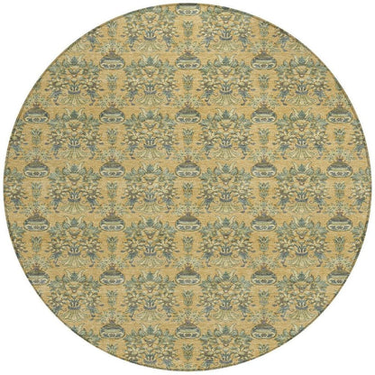 8' Gold And Silver Round Floral Washable Indoor Outdoor Area Rug HomeRoots