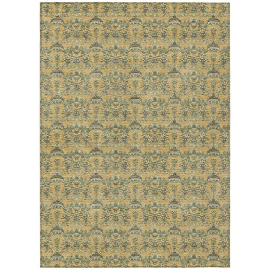 10' X 14' Gold And Silver Floral Washable Indoor Outdoor Area Rug