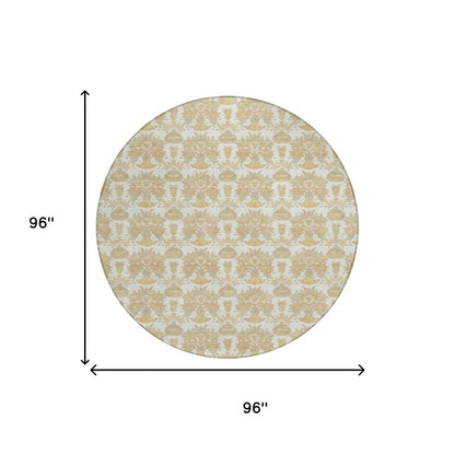 8' Ivory And Wheat Round Floral Washable Indoor Outdoor Area Rug HomeRoots