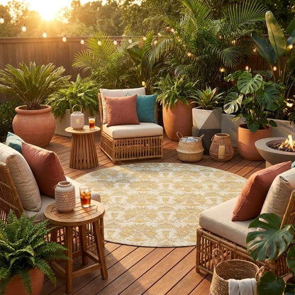 8' Ivory And Wheat Round Floral Washable Indoor Outdoor Area Rug HomeRoots