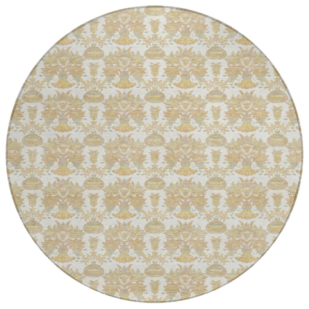 8' Ivory And Wheat Round Floral Washable Indoor Outdoor Area Rug — view 2