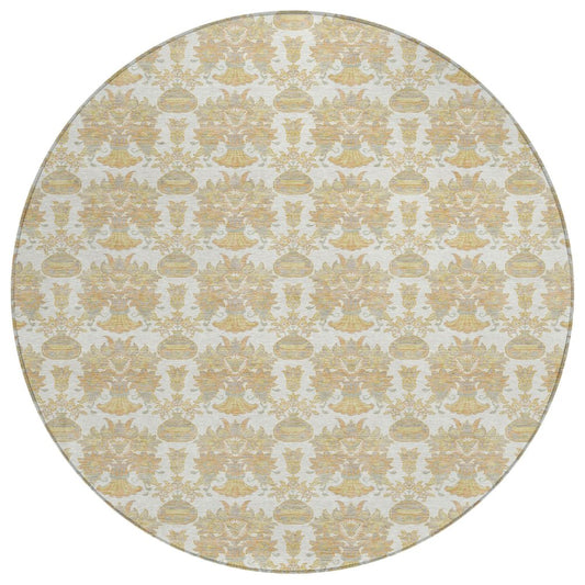 8' Ivory And Wheat Round Floral Washable Indoor Outdoor Area Rug