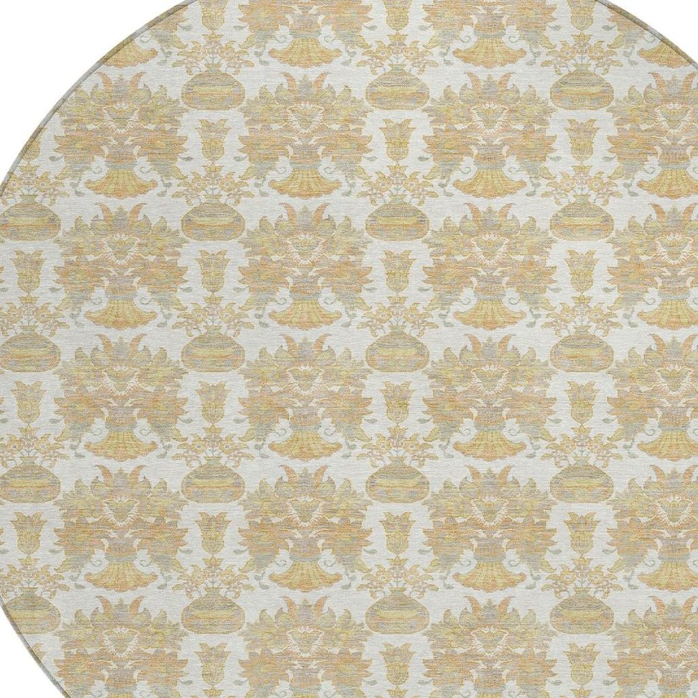 8' Ivory And Wheat Round Floral Washable Indoor Outdoor Area Rug — view 5