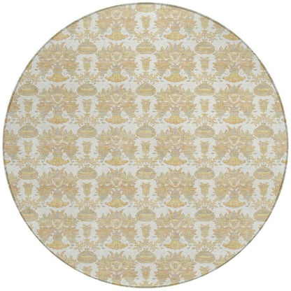 8' Ivory And Wheat Round Floral Washable Indoor Outdoor Area Rug HomeRoots