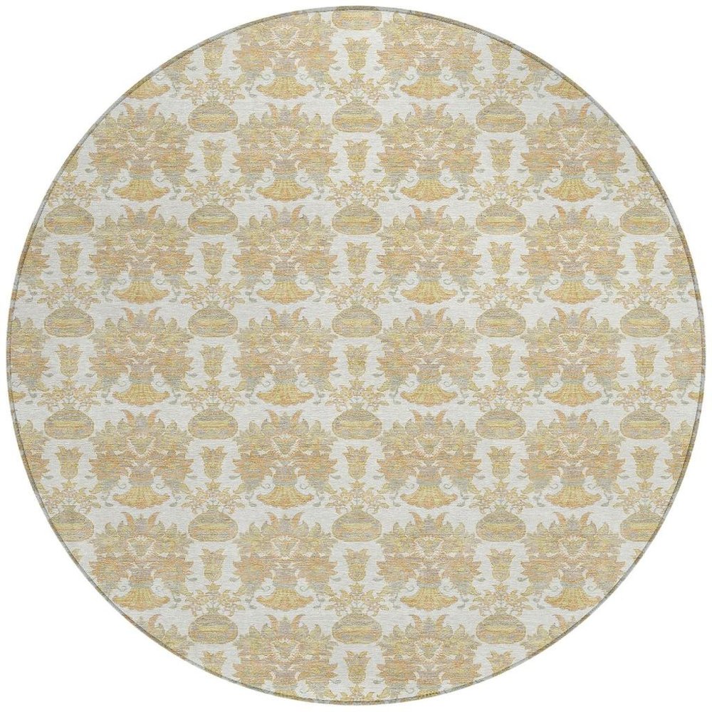 8' Ivory And Wheat Round Floral Washable Indoor Outdoor Area Rug HomeRoots