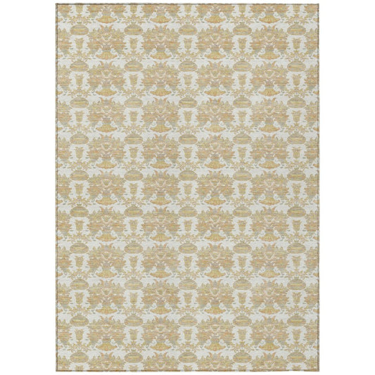 9' X 12' Ivory And Wheat Floral Washable Indoor Outdoor Area Rug