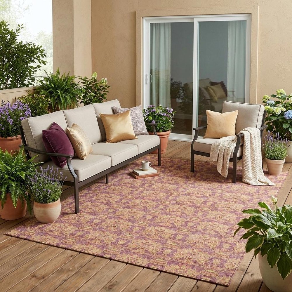 5' X 8' Mauve And Taupe Floral Washable Indoor Outdoor Area Rug — view 7