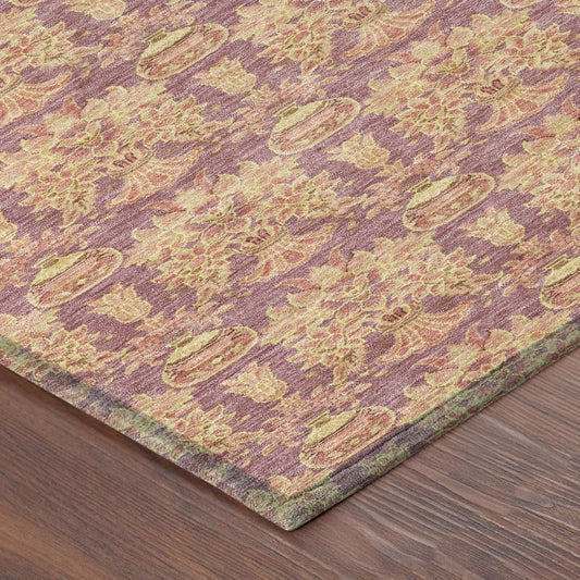 8' X 10' Mauve And Taupe Floral Washable Indoor Outdoor Area Rug