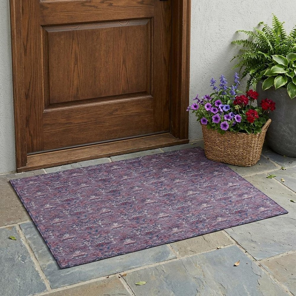3' X 5' Plum And Gray Floral Washable Indoor Outdoor Area Rug