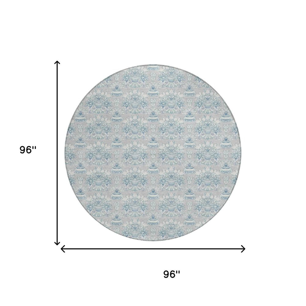 8' Silver And Gray Round Floral Washable Indoor Outdoor Area Rug HomeRoots