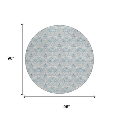 8' Silver And Gray Round Floral Washable Indoor Outdoor Area Rug HomeRoots
