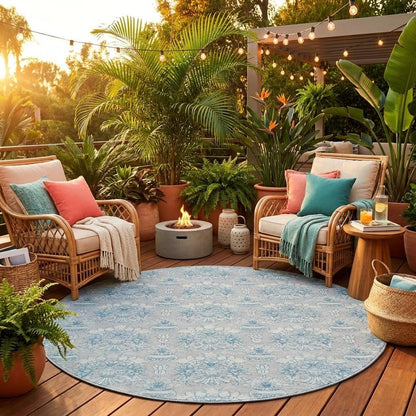 8' Silver And Gray Round Floral Washable Indoor Outdoor Area Rug HomeRoots