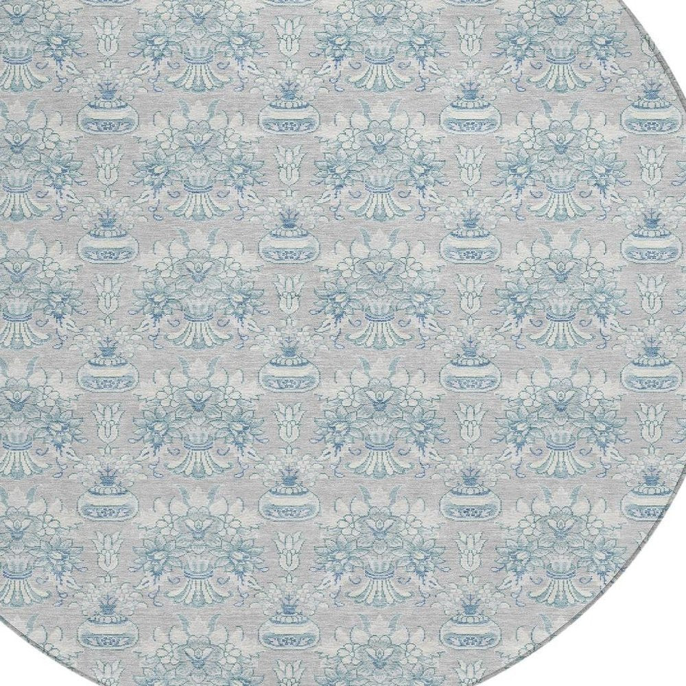8' Silver And Gray Round Floral Washable Indoor Outdoor Area Rug HomeRoots