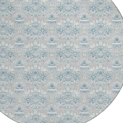 8' Silver And Gray Round Floral Washable Indoor Outdoor Area Rug HomeRoots